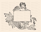 Vintage Cupid with Blank Sign and Roses | Antique Victorian Valentine's Day Clipart | Vector Romantic, Wedding, Flowers SVG PNG JPG
