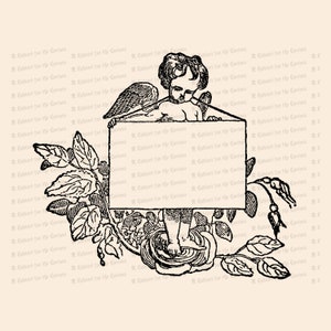 Vintage Cupid with Blank Sign and Roses | Antique Victorian Valentine&#39;s Day Clipart | Vector Romantic, Wedding, Flowers SVG PNG JPG
