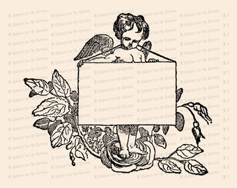 Vintage Cupid with Blank Sign and Roses | Antique Victorian Valentine's Day Clipart | Vector Romantic, Wedding, Flowers SVG PNG JPG