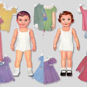 May include: Paper doll set with a boy and girl doll, each with multiple clothing options. The boy doll has a white undershirt, a yellow shirt, a blue jacket, and a pair of blue pants. The girl doll has a white undershirt, a green dress, a purple dress, a blue dress, a red jacket, and a pair of black shoes.