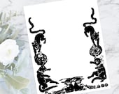 Digital Vintage 1920s Cute Halloween Border with Black Cats, Jackolanterns, Witches Vector Clipart | Jack-o-Lanterns Download SVG PNG JPG