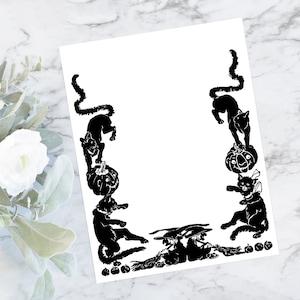Digital Vintage 1920s Cute Halloween Border with Black Cats, Jackolanterns, Witches Vector Clipart | Jack-o-Lanterns Download SVG PNG JPG