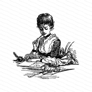 Digitaler Vintage Sitzende Victorian Lady Schreibbrief | Antik Frau Vektor Clipart Sofort Download SVG PNG JPG