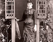 Antique Photo DOWNLOAD | Victorian Lady in Studio Cottage Doorway with Lace Handkerchief  | Woman embroidered skirt fashion digital