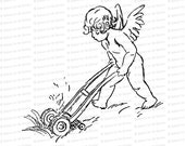 Vintage Edwardian Cupid Cutting Grass  | Valentine's Day Vector Clipart | Mowing Lawn Vintage Mower SVG PNG JPG