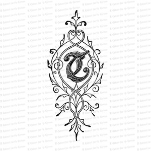 Pluma ornamental Letra inicial T Vector Clipart / Vintage Victorian Capital Letter T, Fancy Antique Monogram SVG PNG JPG