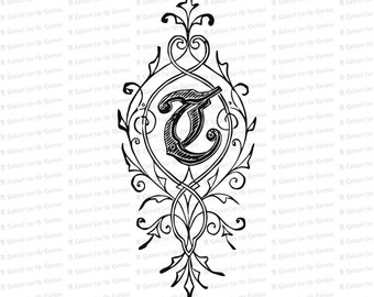 Ornamental Penwork Initial Letter T Vector Clipart  | Vintage Victorian Capital Letter T, Fancy Antique Monogram SVG PNG JPG