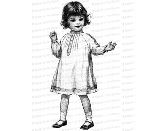 Vintage Little Girl in Dress with Curly Hair | Curly Haired Edwardian Child | Antique Children Vector Clipart Instant Download SVG PNG JPG