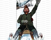 Vintage Edwardian Sledding Man  | 1900s Bearded Man on Sled Color Winter Clipart Instant Download PNG JPG