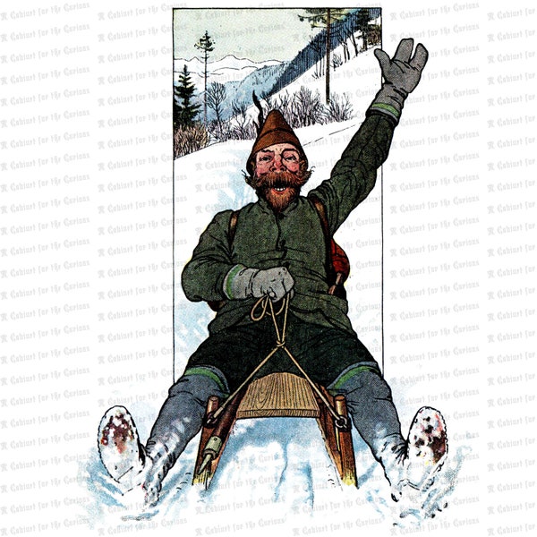 Vintage Edwardian Sledding Man  | 1900s Bearded Man on Sled Color Winter Clipart Instant Download PNG JPG