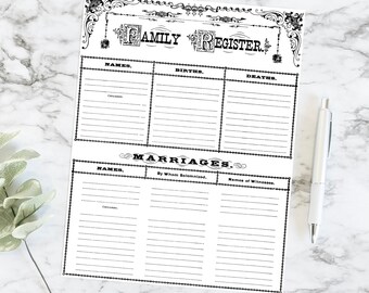 Printable Victorian Family Register  | Vintage Family Group Sheet | Genealogy, Family History Form 8.5 x 11 Letter & A4 PDF