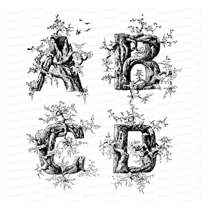 Vector Clipart Victorian Rustic Penwork Alphabet / Vintage 1880s Ornamental Letters Trees &Birds / Calligraphy Capitals SVG PNG