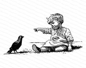 Victorian Pointing Toddler with Bird | Seated Child | Antique Children Vector Clipart Instant Download SVG PNG JPG