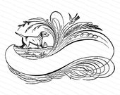 Fancy Blank Banner with Dog Vector Clip Art | Victorian Penwork Flourishing | Digital Instant Download SVG PNG JPG