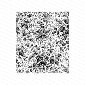 May include: Black and white floral pattern with a repeating design of leaves and flowers. The pattern is intricate and detailed, with a variety of different shapes and sizes of flowers.