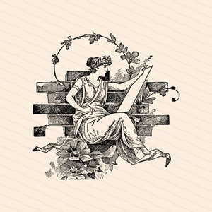 Dama victoriana sentada en vestido griego Escritura o dibujo / Mujer antigua Escriba con flores Vector Clipart Descarga instantánea SVG PNG JPG
