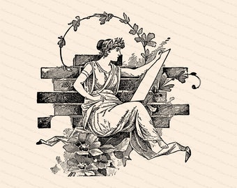 Victorian Seated Lady in Grecian Dress Writing or Drawing | Antique Woman Scribe with Flowers Vector Clipart Instant Download SVG PNG JPG