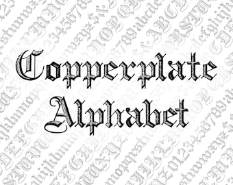Vector Clipart alphabet victorien sur cuivre ornemental plume | Vintage lettres majuscules et minuscules, chiffres calligraphie SVG PNG