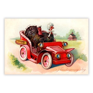 Cartão plano de Ação de Graças para dirigir perus para impressão: Era vitoriana Carro antiquado Casal de perus engraçado 4x6 Impressão pronta JPG Download digital