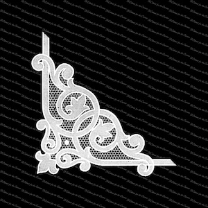 May include: White lace corner design with intricate floral patterns. The design is on a black background.