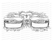 Digital Vintage Wedding Blank Banner Vector Clip Art | Victorian Penwork Flourishing Birds, Ring, Flowers, Bow | SVG PNG JPG