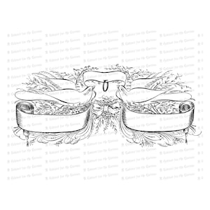 May include: A black and white illustration of two birds with a ribbon banner. The banner is decorated with floral designs and has two scrolls at the ends. The birds are perched on a branch with leaves and flowers.