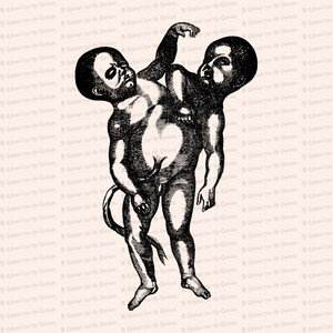 May include: A black and white illustration of a two-headed baby. The baby has two heads, two arms, and two legs. The baby is standing upright and has a long tail.