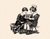 Vintage 1910s Reading Children | Brother and Sister, Boy and Girl Reading Magazine | Vector Clipart Instant Download SVG PNG JPG