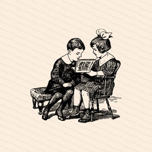Vintage 1910er Lesekinder | Bruder und Schwester, Junge und Mädchen Lesemagazin | Vektor Clipart Sofort Download SVG PNG JPG