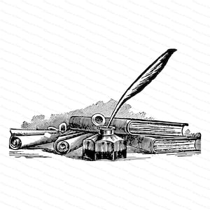 Victoriaans schrijven, studeren, bureaumaterialen | Vintage Boeken, Papier, Scrolls, Inkt, Inktpot, Quill Pen Vector Clipart SVG PNG JPG