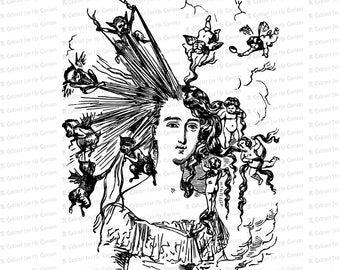 Edwardian Arranging the Hair Clipart | Vintage Antique Woman, Devils & Angels, Hairstyle | Beauty Vector Clipart SVG PNG JPG