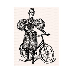 Victorian Lady Radfahrerin in Bloomers | Frau im Trachtenkleid / Hose mit Fahrrad | Sofort Download Feministische Vektor Clip Art SVG PNG JPG