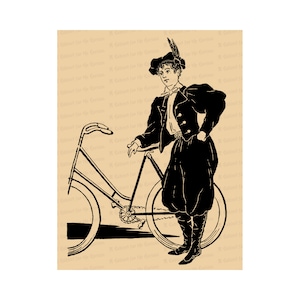 Victorian Lady Radfahrerin in Bloomers | Frau im Trachtenkleid / Hose mit Fahrrad | Sofort Download Feministische Vektor Clipart SVG PNG JPG