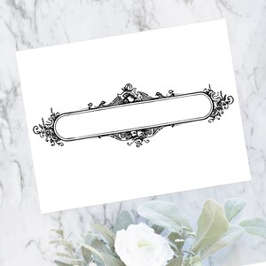 May include: A black and white printable blank banner with a decorative ornate border. The banner is perfect for adding a personalized touch to any project.