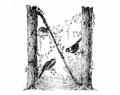 Ornamental Penwork Initial Letter N Vector Clipart  | Victorian Nature Capital Letter N, Rustic Woodland Birds Antique Monogram SVG PNG JPG