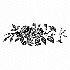 May include: Black and white illustration of a floral arrangement with roses, leaves, and other flowers.