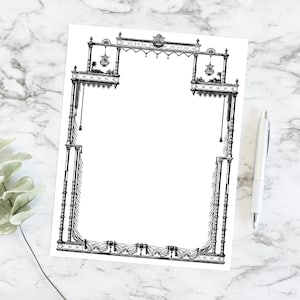Vintage Sierlijke Victoriaanse Theater Border | Antieke Frame met Kolommen, Gordijnen, Vogelkooien, Planten, Bloemen Stadium Vector Clipart SVG PNG JPG