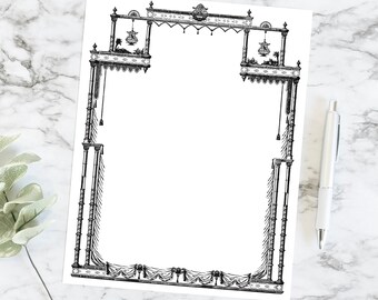 Vintage Ornate Victorian Theater Border | Antique Frame with Columns, Curtains, Bird Cages, Plants, Flowers Stage Vector Clipart SVG PNG JPG