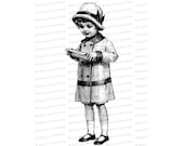 Vintage Little Girl in Hat with Toy Train Whistle | Edwardian Child Vector Clipart Instant Download SVG PNG JPG