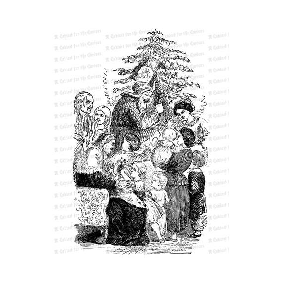 Vintage Victorian Family Christmas Scene Antique Tree Santa Saint Nick Children Parents Vector Clipart Printable Svg Png Jpg