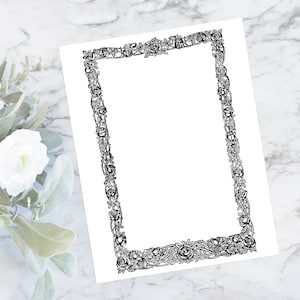 May include: Black and white printable border with a floral design featuring roses and leaves. The border is ideal for adding a vintage touch to your projects.