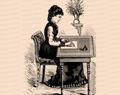 Digital Vintage Seated Victorian Woman Writing Letter at Desk | Vector Clipart Instant Download SVG PNG JPG