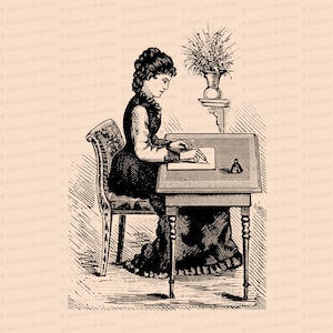 Digitale Vintage zittende Victoriaanse vrouw schrijven brief aan bureau | Vector Clipart Instant Download SVG PNG JPG