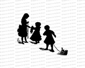 Digital Vintage Silhouetted Children | Victorian Children with Toys in Silhouette Vector Clipart Instant Download SVG PNG JPG