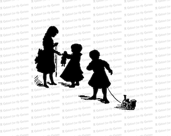 Digital Vintage Silhouetted Children | Victorian Children with Toys in Silhouette Vector Clipart Instant Download SVG PNG JPG