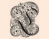 Ornamental Penwork Initial Letter L Vector Clipart  | Vintage Renaissance Era Capital Letter L Fancy Flourished Antique Monogram SVG PNG JPG