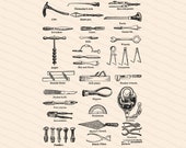 Vintage Victorian Tools | 1860s Antique Tools Collage Sheet Vector Clipart Instant Download SVG PNG JPG | Chisel, drill, wrench,etc
