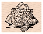 Edwardian Knitting Bag with Yarn and Needles | Vintage Work Bag Vector Clipart Instant Download SVG PNG JPG