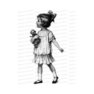 Niña vintage en vestido de cintura caída con muñeca y lazo de pelo / Edwardian Child Vector Clipart Instant Download SVG PNG JPG