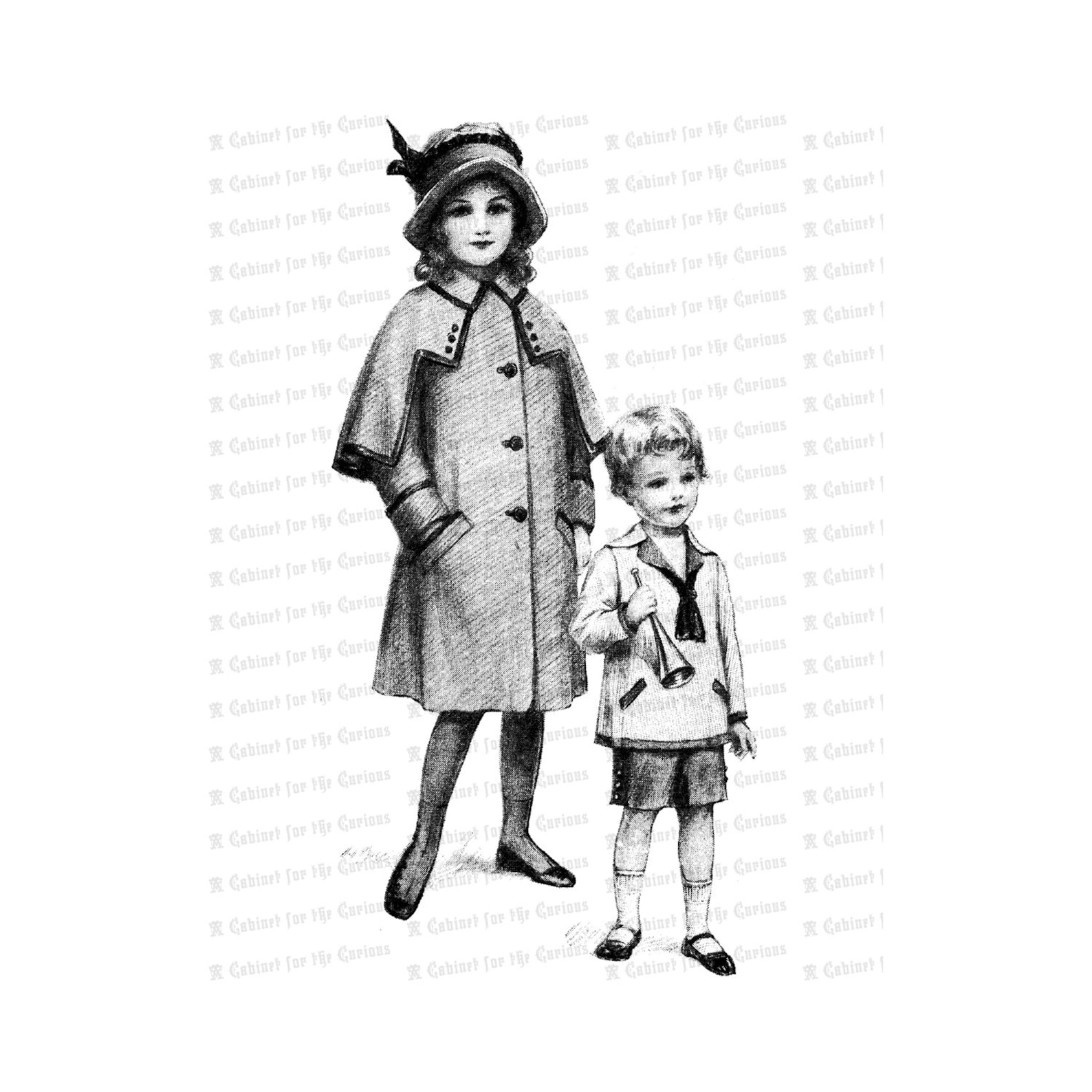 Vintage Brother & Sister Edwardian Little Boy, Sailor Suit, Toy Horn